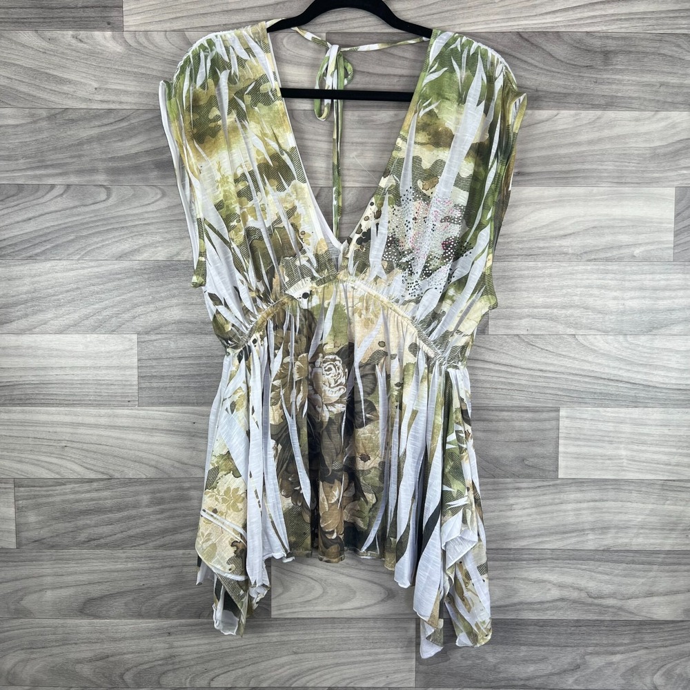 Wet Seal Blouse‎ Women's Large White Green Floral Plunge Neck Sheer Boho Tattoo